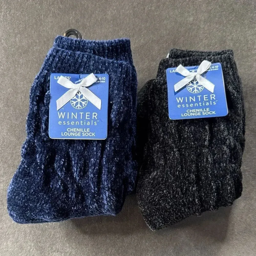 Women’s Winter Essentials Chenille Lounge Socks 1x Navy 1x Black Size 4-10 NEW